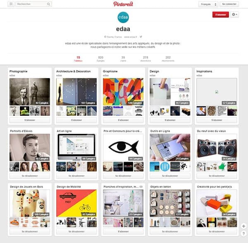 Vue du compte Pinterest de l'cole EDAA
